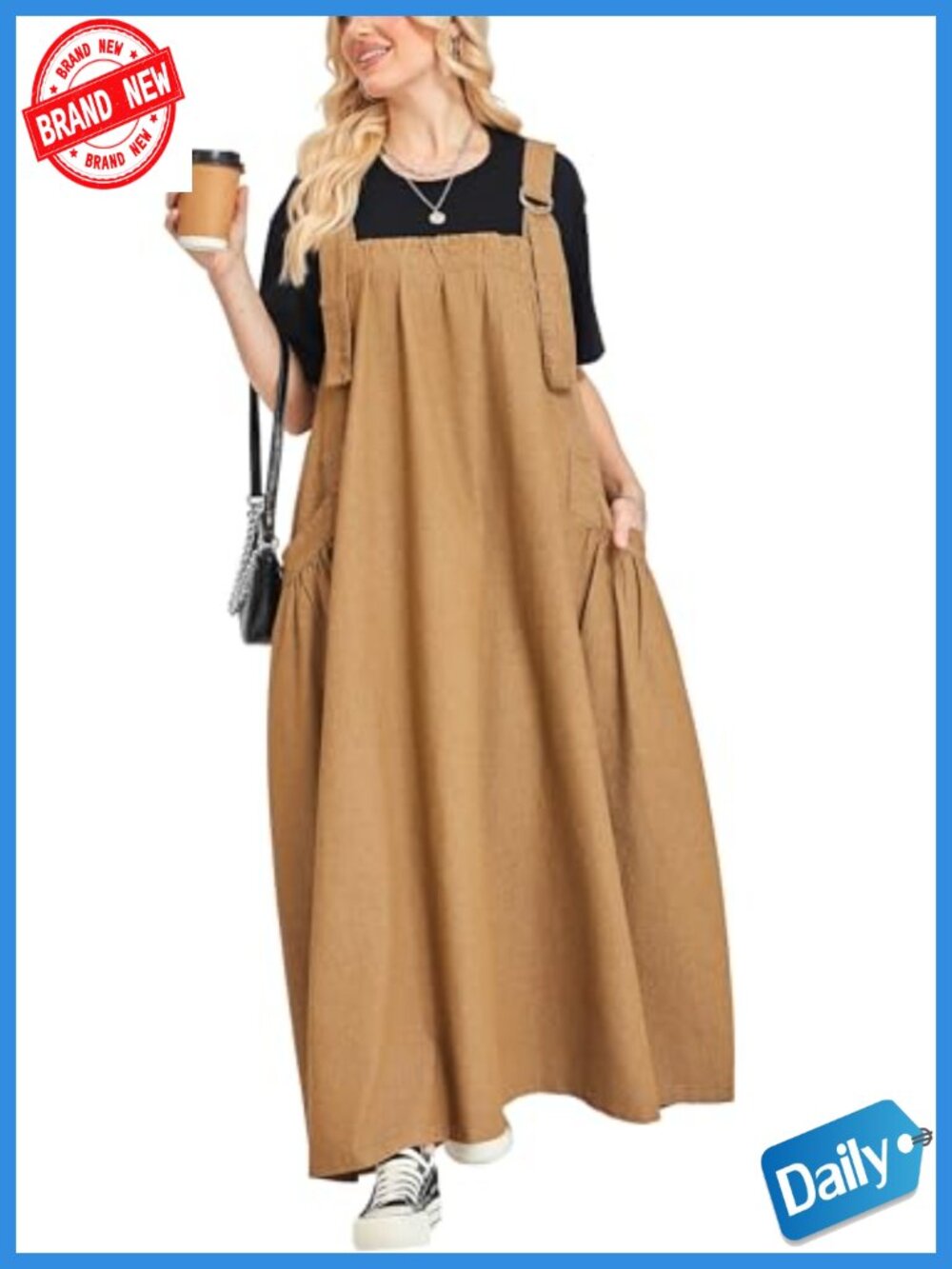 Denim Jumper Dress Loose Fit Maxi Length Adjustable Straps Wide Hemline